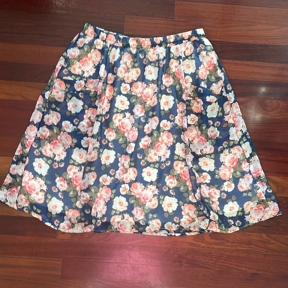 womens Large Honey and Lace blue floral midi elastic waist skirt with pockets